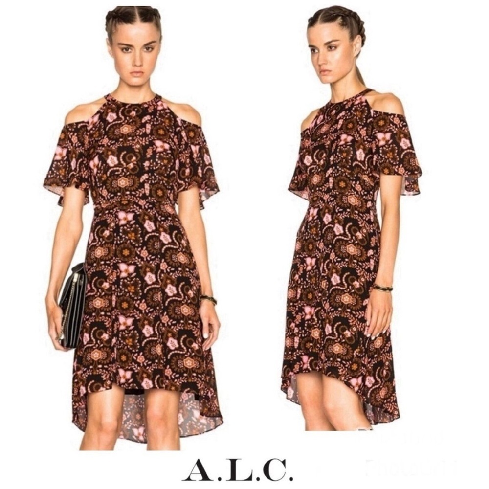 A.L.C. Women's floral flare silk dress Romantic Feminine pink brown sz S